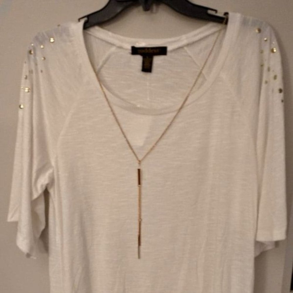 Goddess women's Short Sleeve top necklace sz L Gold White W-315
